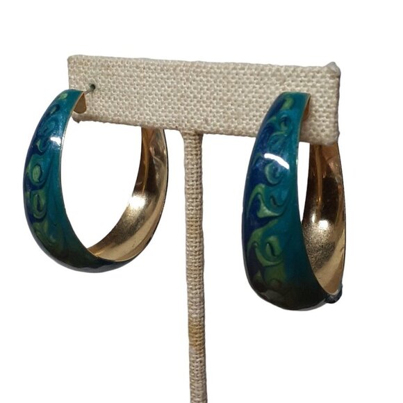 Enameled Marble Hoops Pierced Stud Earrings Blue Green Swirl 1.75" - Picture 1 of 4